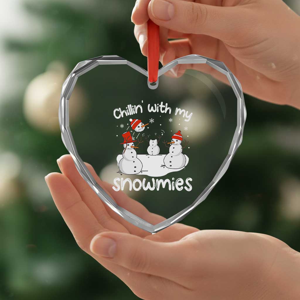 Funny Xmas Heart Crystal Glass Ornament Chillin With My Snowmies Funny Snowman Friendship - Wonder Print Shop