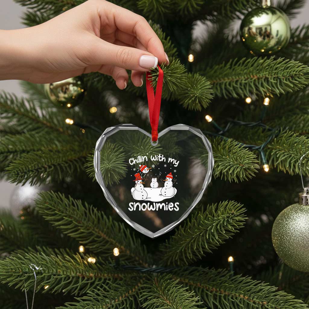 Funny Xmas Heart Crystal Glass Ornament Chillin With My Snowmies Funny Snowman Friendship - Wonder Print Shop