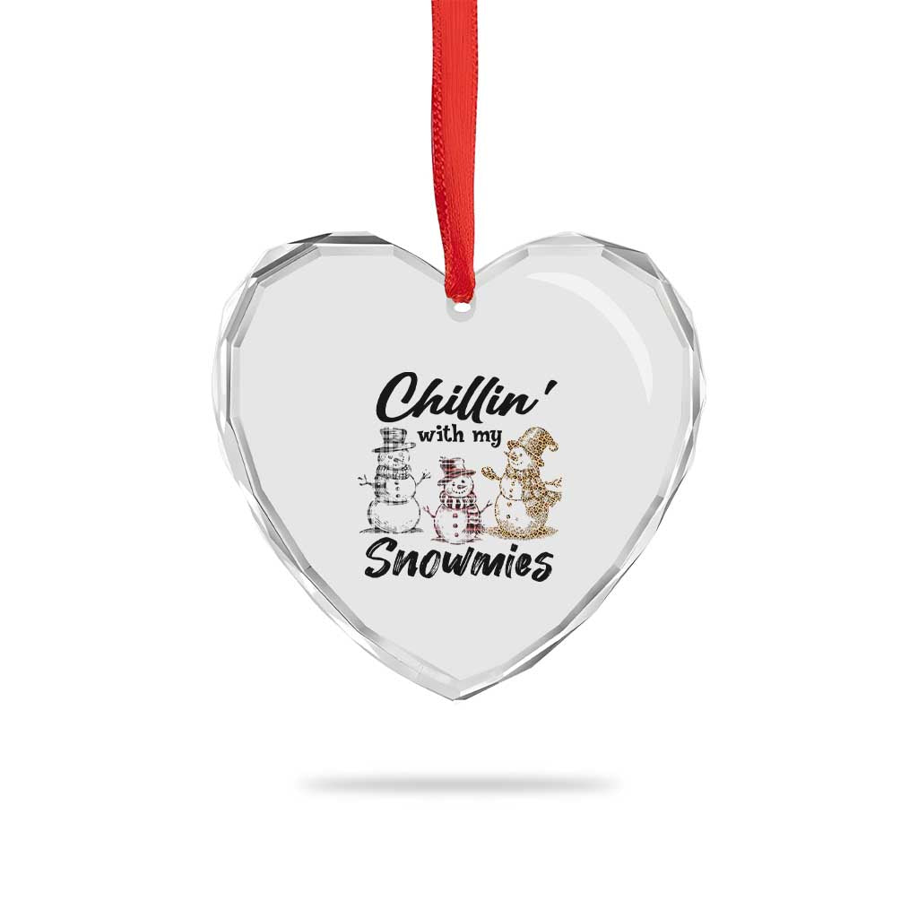 Funny Xmas Heart Crystal Glass Ornament Chilln' With My Snowmies Plaid Snowman - Wonder Print Shop