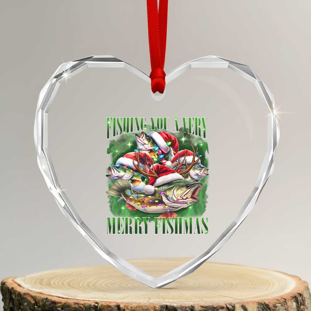 Funny Xmas Heart Crystal Glass Ornament Fishing You A Very Merry Fishmas Santa Hat - Wonder Print Shop