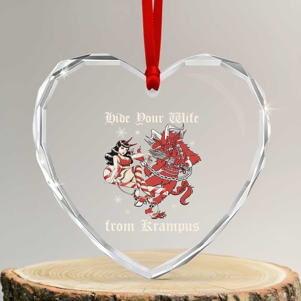 Funny Xmas Heart Crystal Glass Ornament Hide Your Wife From Krampus - Wonder Print Shop