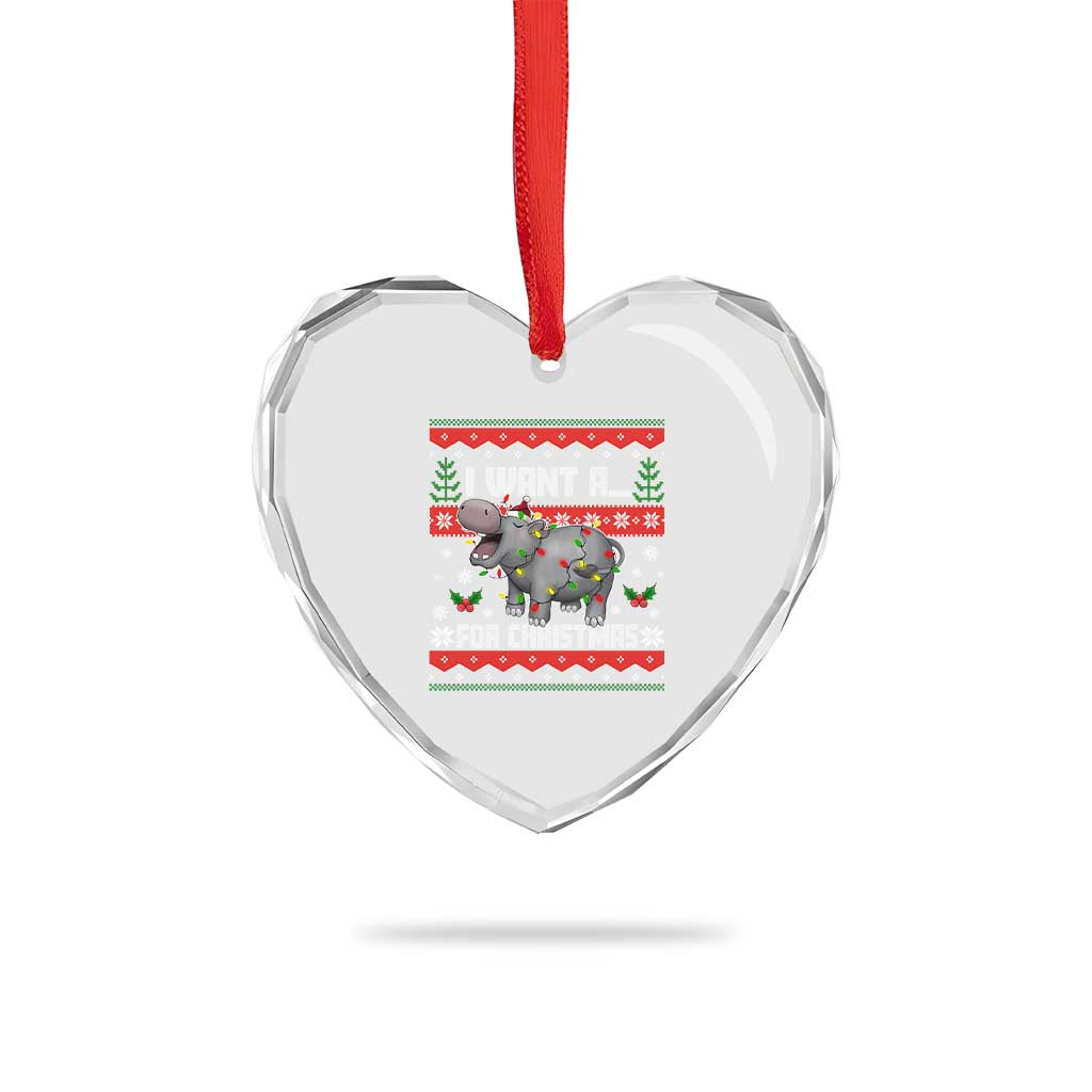 Funny Xmas Heart Crystal Glass Ornament I Want A Hippopotamus For Xmas Moo Deng Ugly Gift - Wonder Print Shop