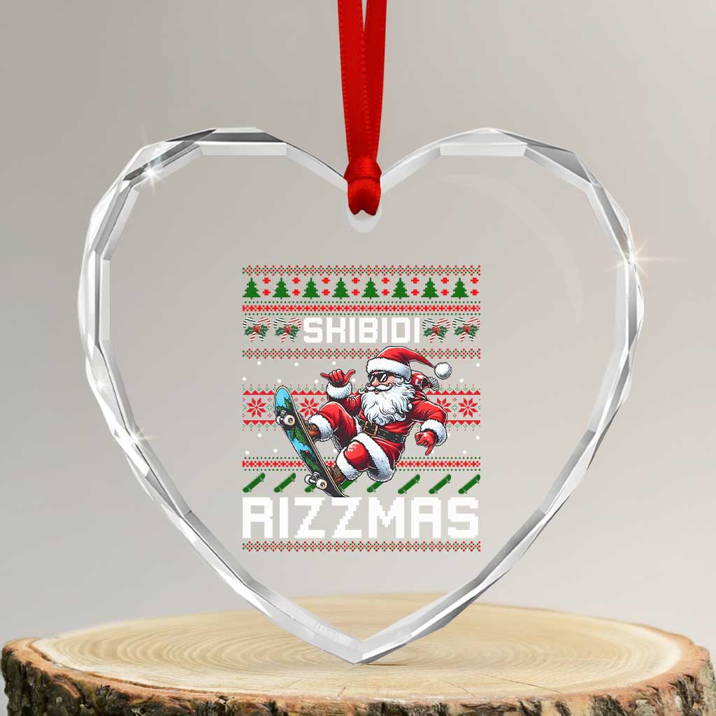 Funny Xmas Heart Crystal Glass Ornament Skibidi Rizzmas Cool Santa Skateboard Rizz - Wonder Print Shop