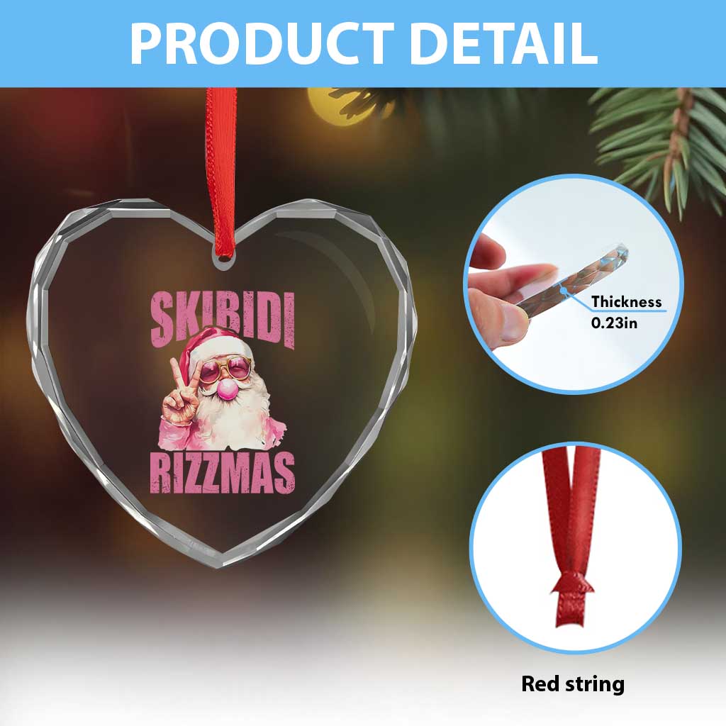 Funny Xmas Heart Crystal Glass Ornament Skibidi Rizzmas Pink Santa Bubble Gum - Wonder Print Shop