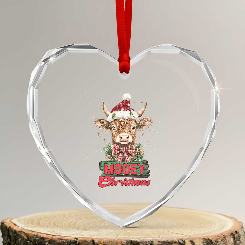 Funny Xmas Highland Cow Heart Crystal Glass Ornament Mooey Xmas Western Cow Santa Hat - Wonder Print Shop