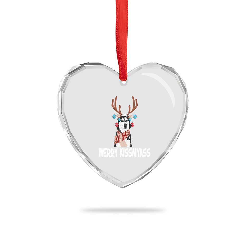 Funny Xmas Husky Heart Crystal Glass Ornament Merry Kissmyasss Husky Reindeer Dog Lover - Wonder Print Shop