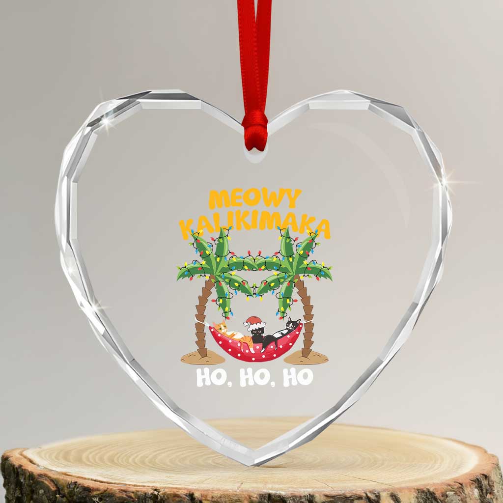 Funny Xmas In Hawaii Heart Crystal Glass Ornament Meowy Kalikimaka Cat Chillin' Ho Ho Ho Xmas Palm Tree - Wonder Print Shop
