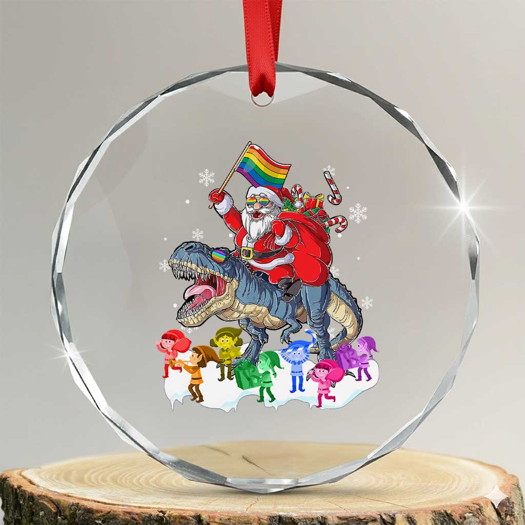 Funny Xmas LGBT Crystal Glass Ornament Rainbow Flag Santa Riding Dinosaur TS09