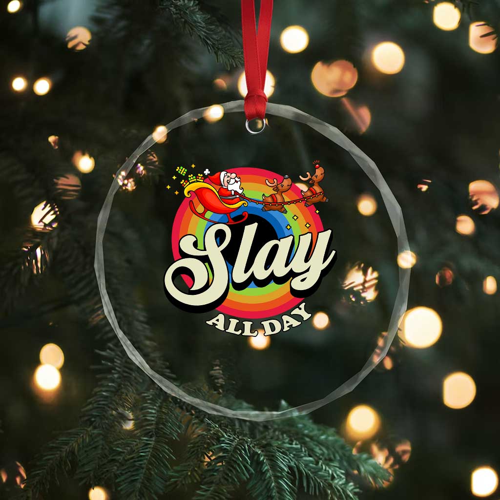 Funny Xmas LGBT Crystal Glass Ornament Slay All Day Sleigh Rainbow TS09