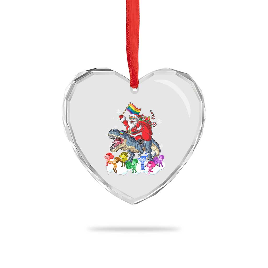 Funny Xmas LGBT Heart Crystal Glass Ornament Rainbow Flag Santa Riding Dinosaur - Wonder Print Shop