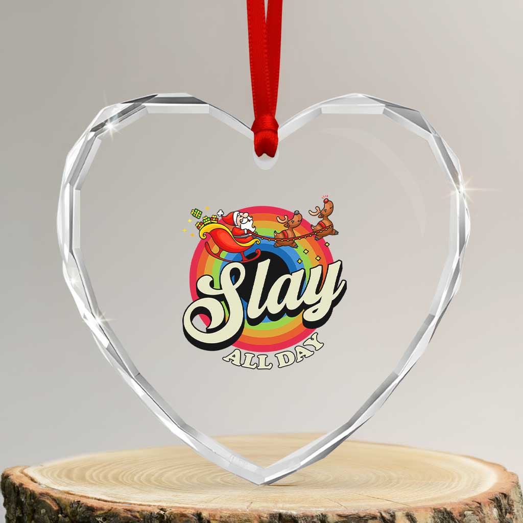 Funny Xmas LGBT Heart Crystal Glass Ornament Slay All Day Sleigh Rainbow - Wonder Print Shop