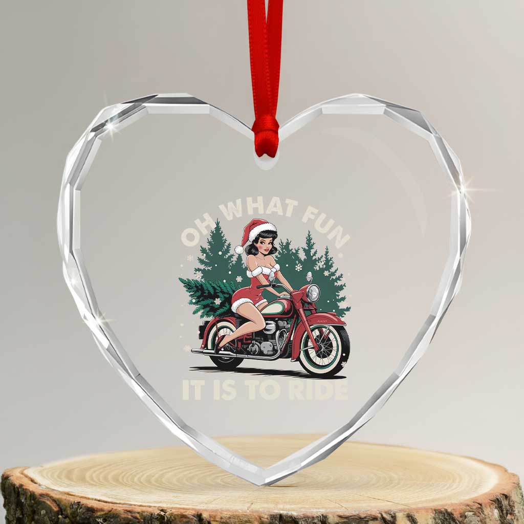 Funny Xmas Motorbike Heart Crystal Glass Ornament Oh What Fun It Is To Ride Female Santa Biker - Wonder Print Shop