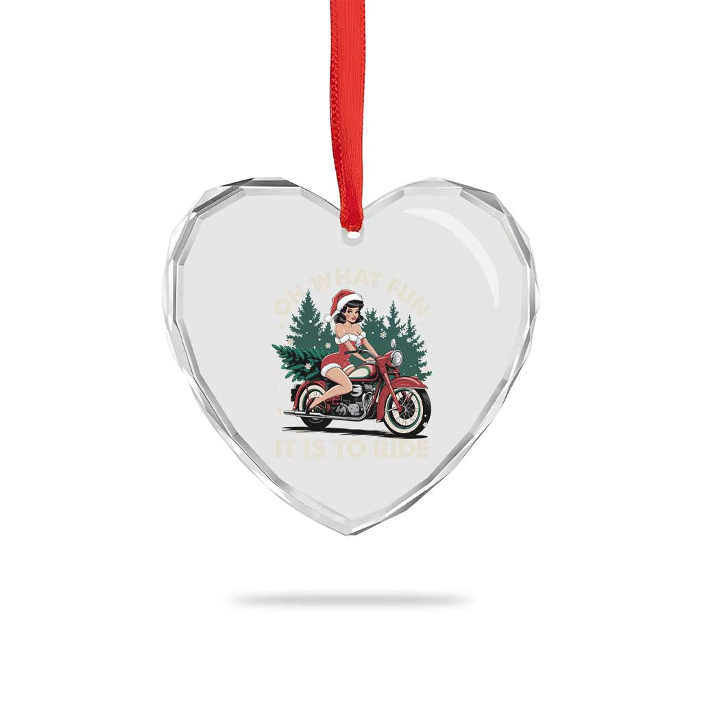 Funny Xmas Motorbike Heart Crystal Glass Ornament Oh What Fun It Is To Ride Female Santa Biker - Wonder Print Shop