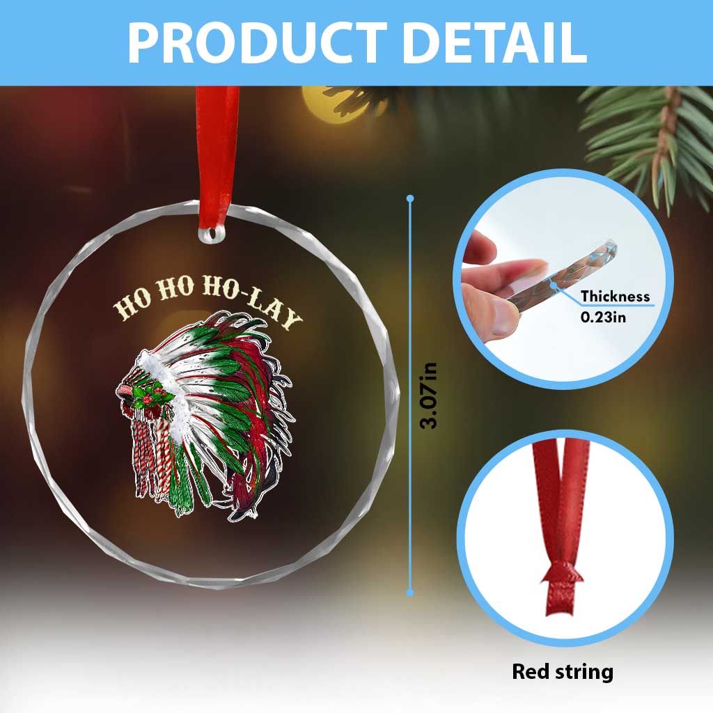 Funny Xmas Native American Crystal Glass Ornament Ho Ho Ho Lay Vintage War Bonnet TS11