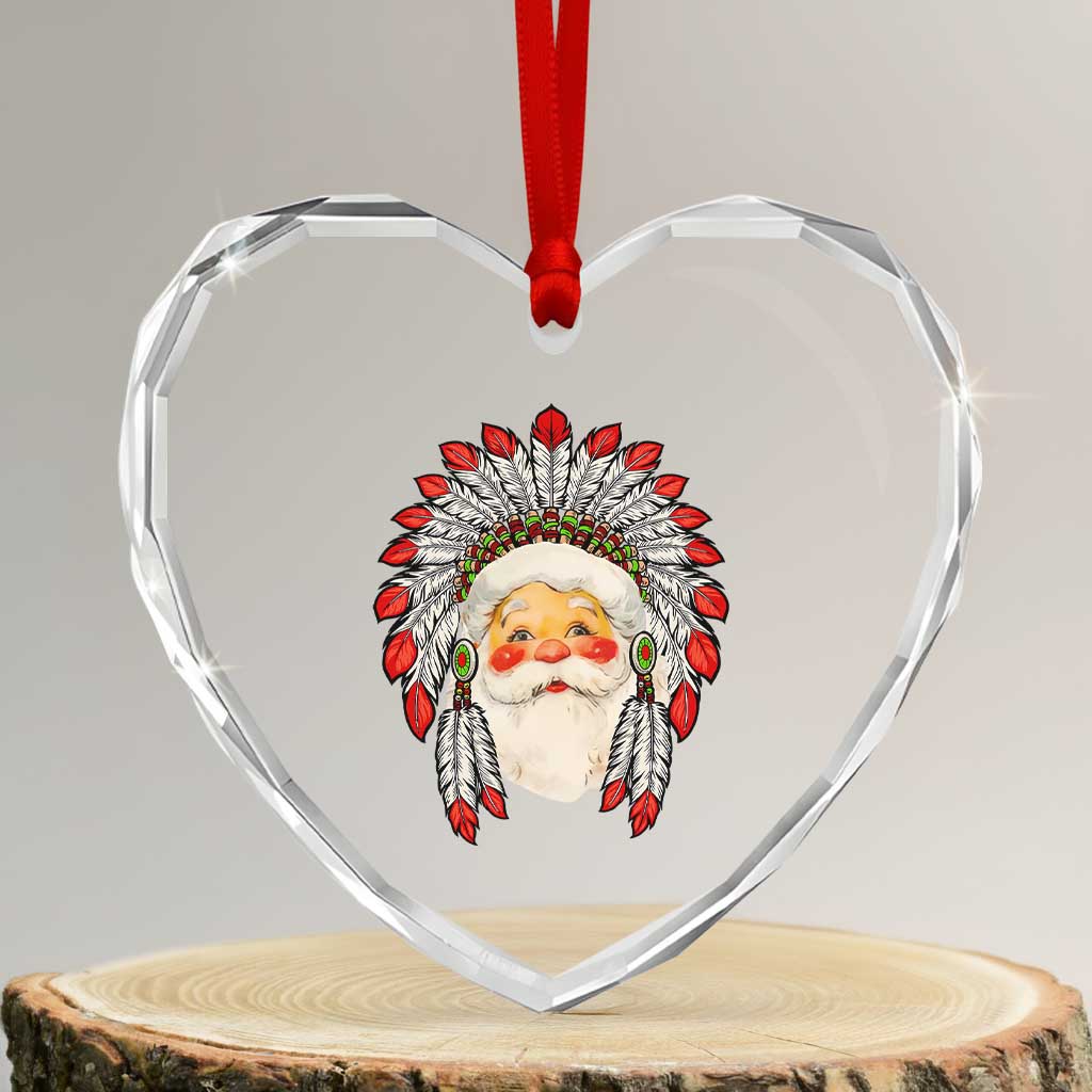 Funny Xmas Native American Indian Santa War Bonnet Heart Crystal Glass Ornament - Wonder Print Shop