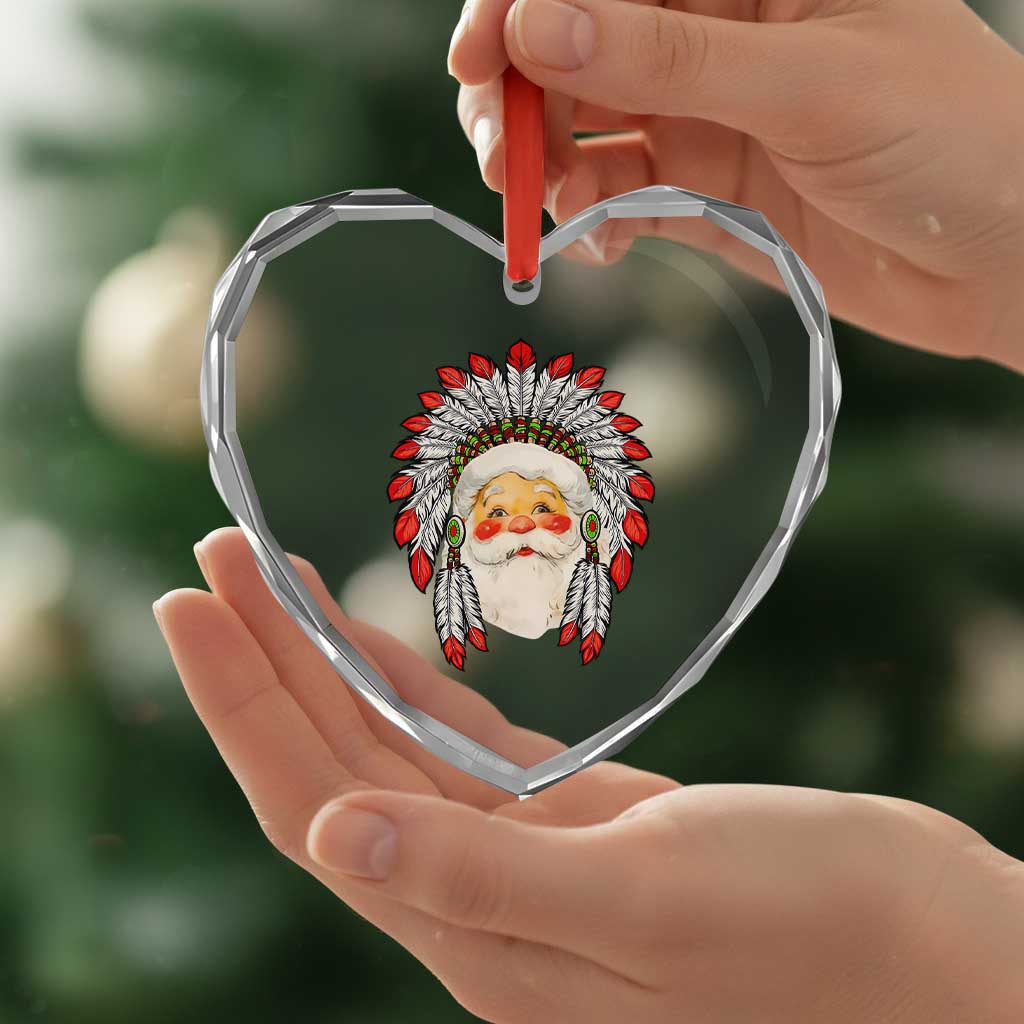 Funny Xmas Native American Indian Santa War Bonnet Heart Crystal Glass Ornament - Wonder Print Shop