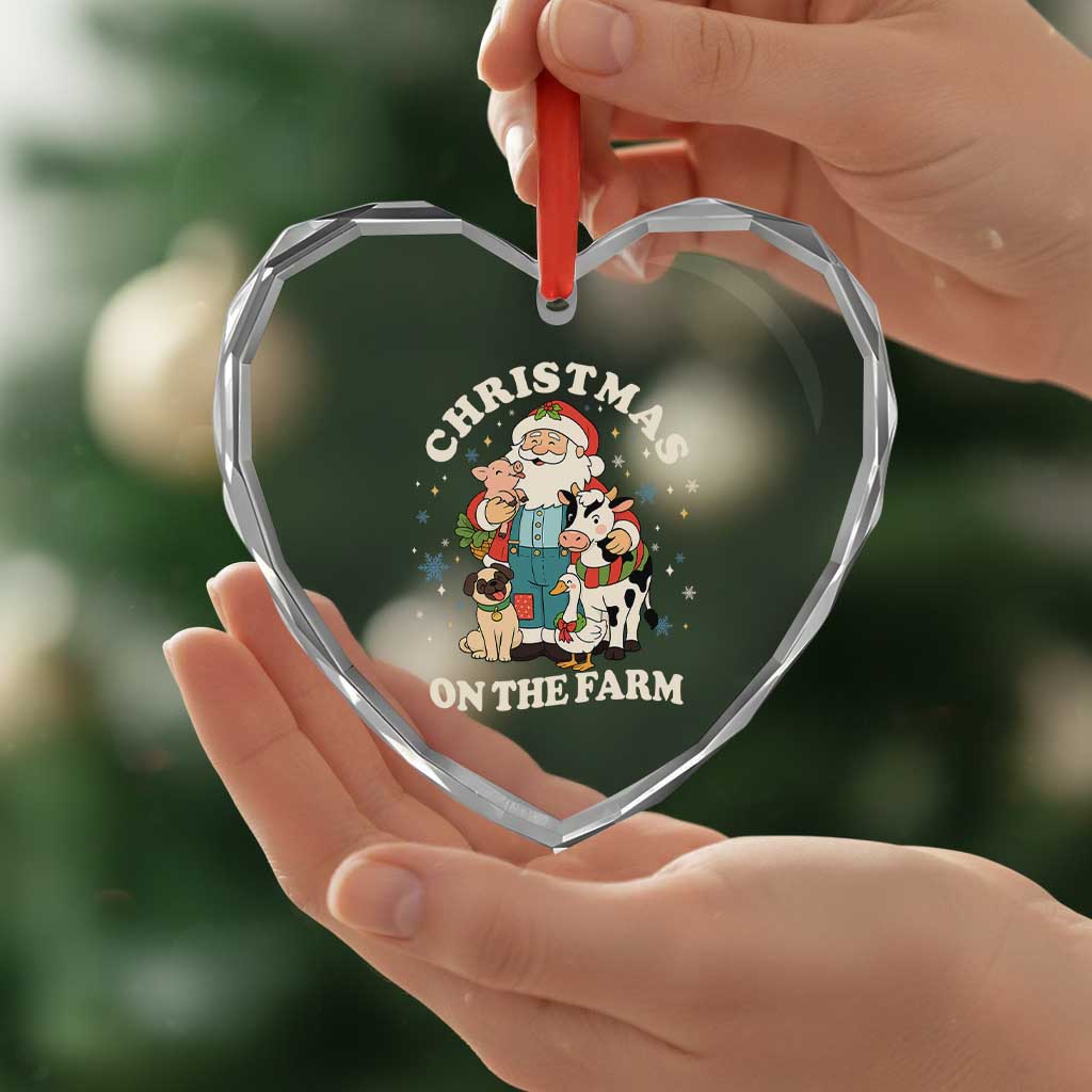 Funny Xmas On The Farm Heart Crystal Glass Ornament Christmas Farmer Santa Claus Livestock - Wonder Print Shop