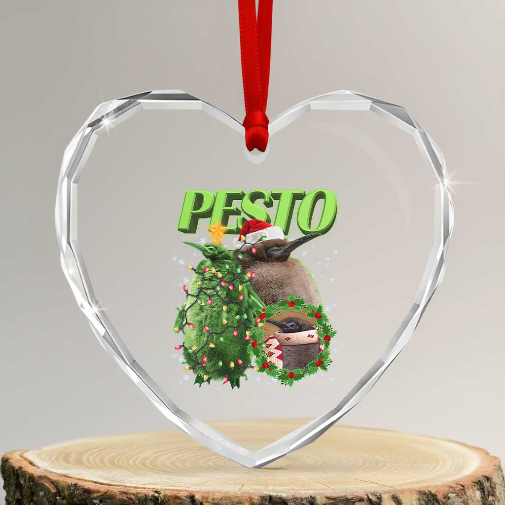 Funny Xmas Pesto Penguin Heart Crystal Glass Ornament - Wonder Print Shop
