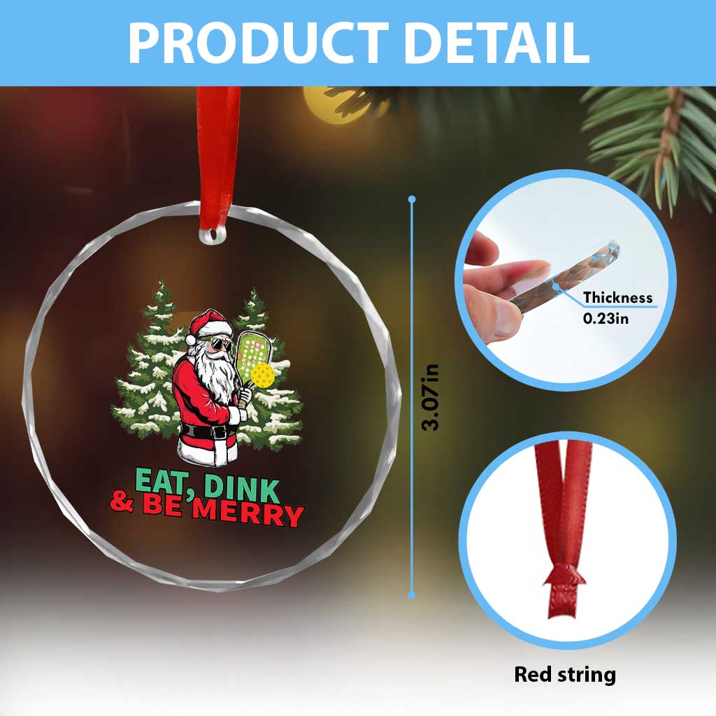 Funny Xmas Pickleball Crystal Glass Ornament Eat Dink Be Merry Santa Pickleball Player TS09