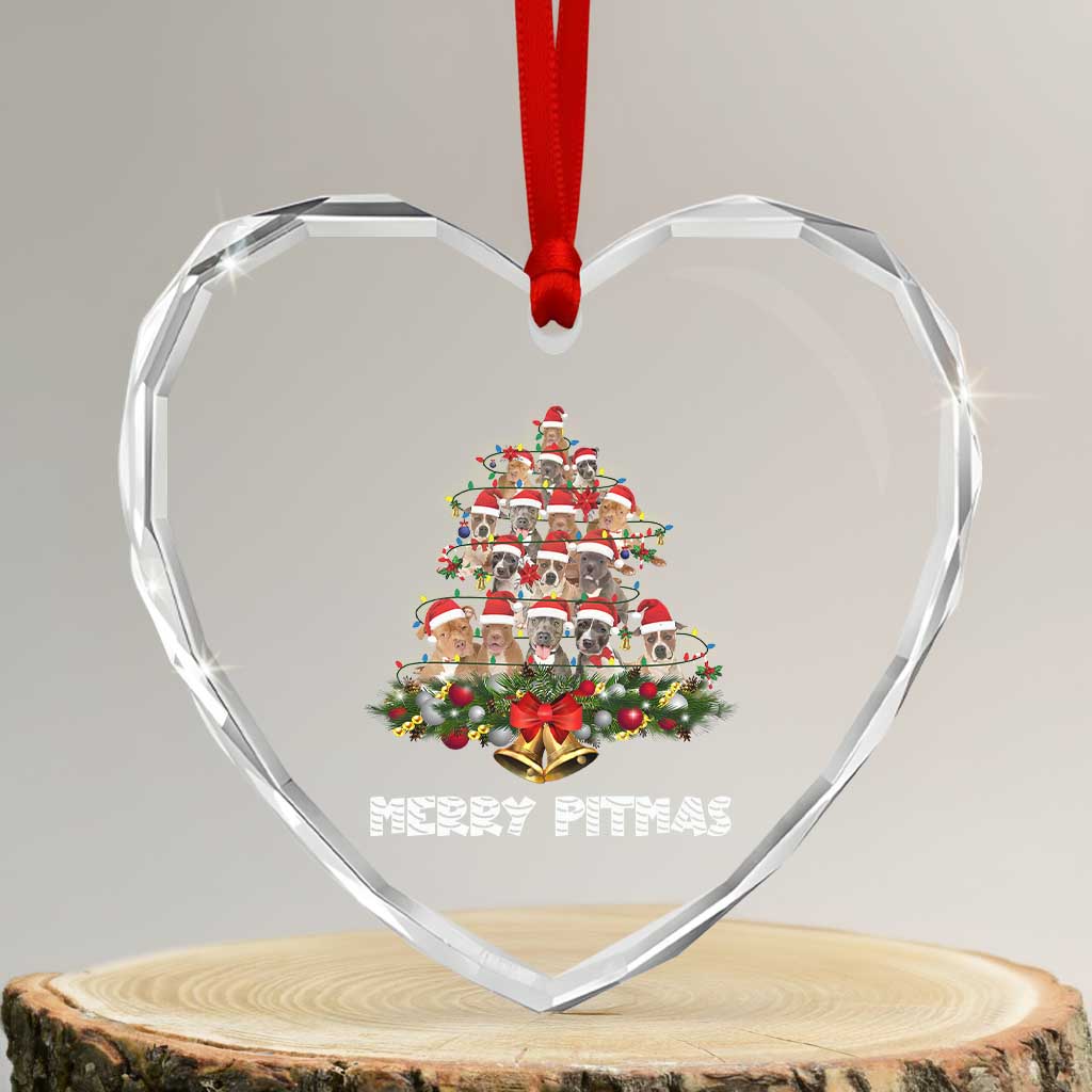 Funny Xmas Pitbull Heart Crystal Glass Ornament Merry Pitmas Christmas Tree Dog Lover - Wonder Print Shop