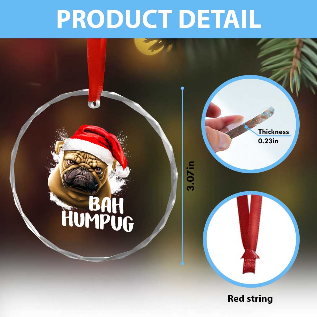 Funny Xmas Pug Dog Crystal Glass Ornament Bah Humpug Humbug Cute Pet TS11