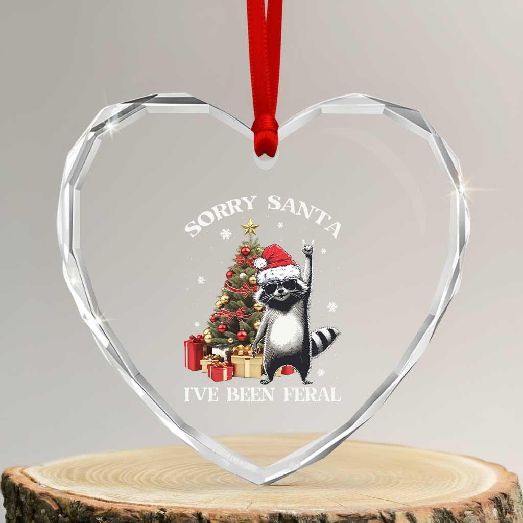 Funny Xmas Racoon Heart Crystal Glass Ornament Sorry Santa I've Been Feral Xmas Hat - Wonder Print Shop