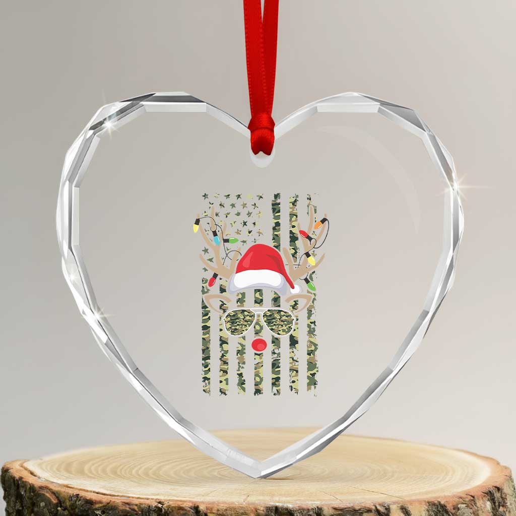 Funny Xmas Reindeer Hunting Camo Flag Heart Crystal Glass Ornament - Wonder Print Shop
