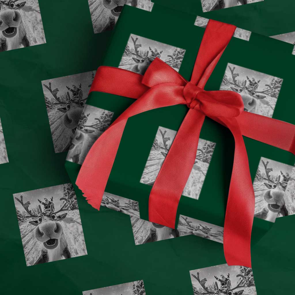 Funny Xmas Reindeer Selfie Wrapping Paper Roll With Santa Xmas Gag Gift