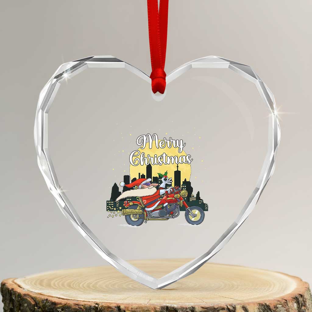 Funny Xmas Riding Heart Crystal Glass Ornament Santa Riding Motorcycle Biker - Wonder Print Shop