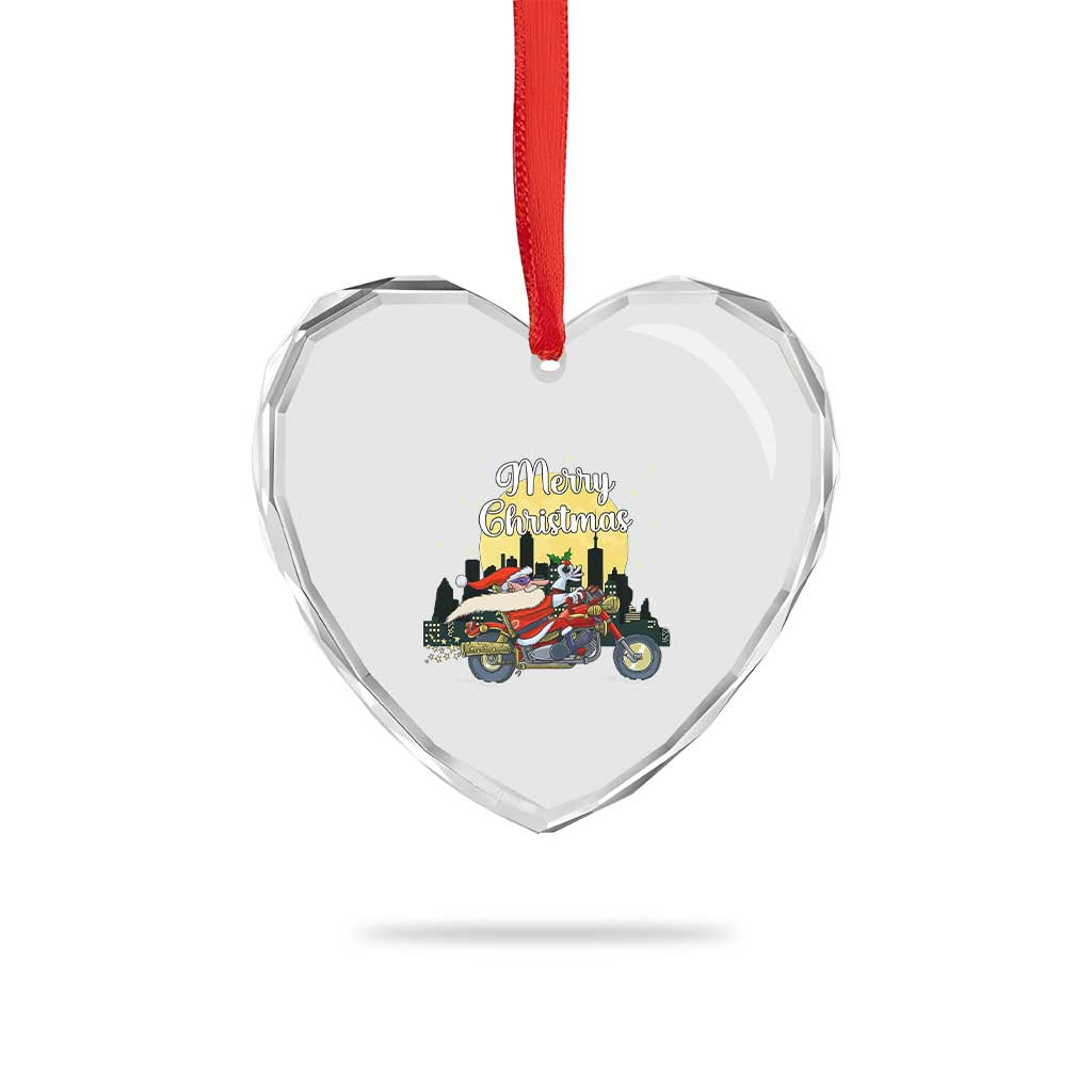 Funny Xmas Riding Heart Crystal Glass Ornament Santa Riding Motorcycle Biker - Wonder Print Shop