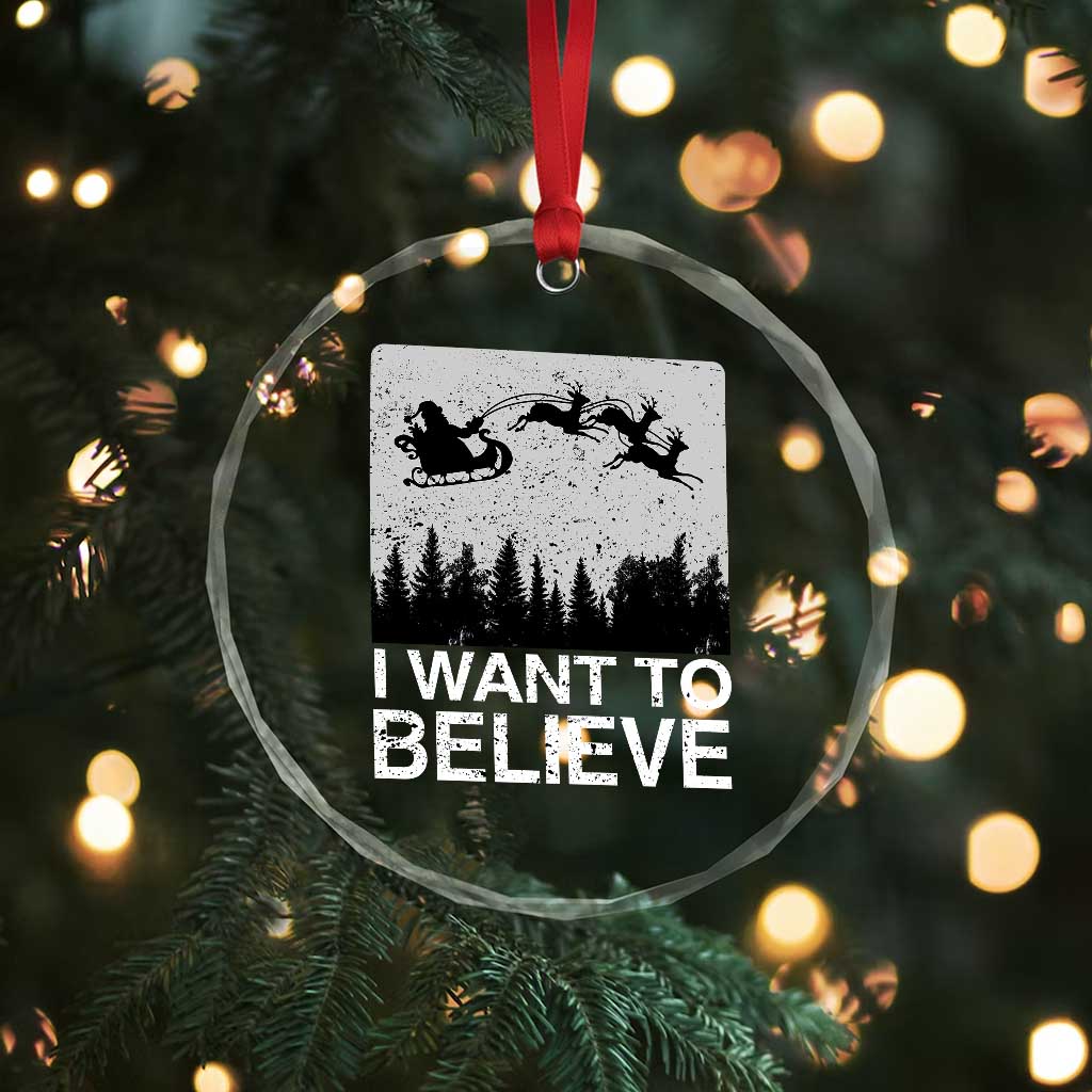 Funny Xmas Santa Crystal Glass Ornament I Want To Believe Sleigh With Reindeers TS11