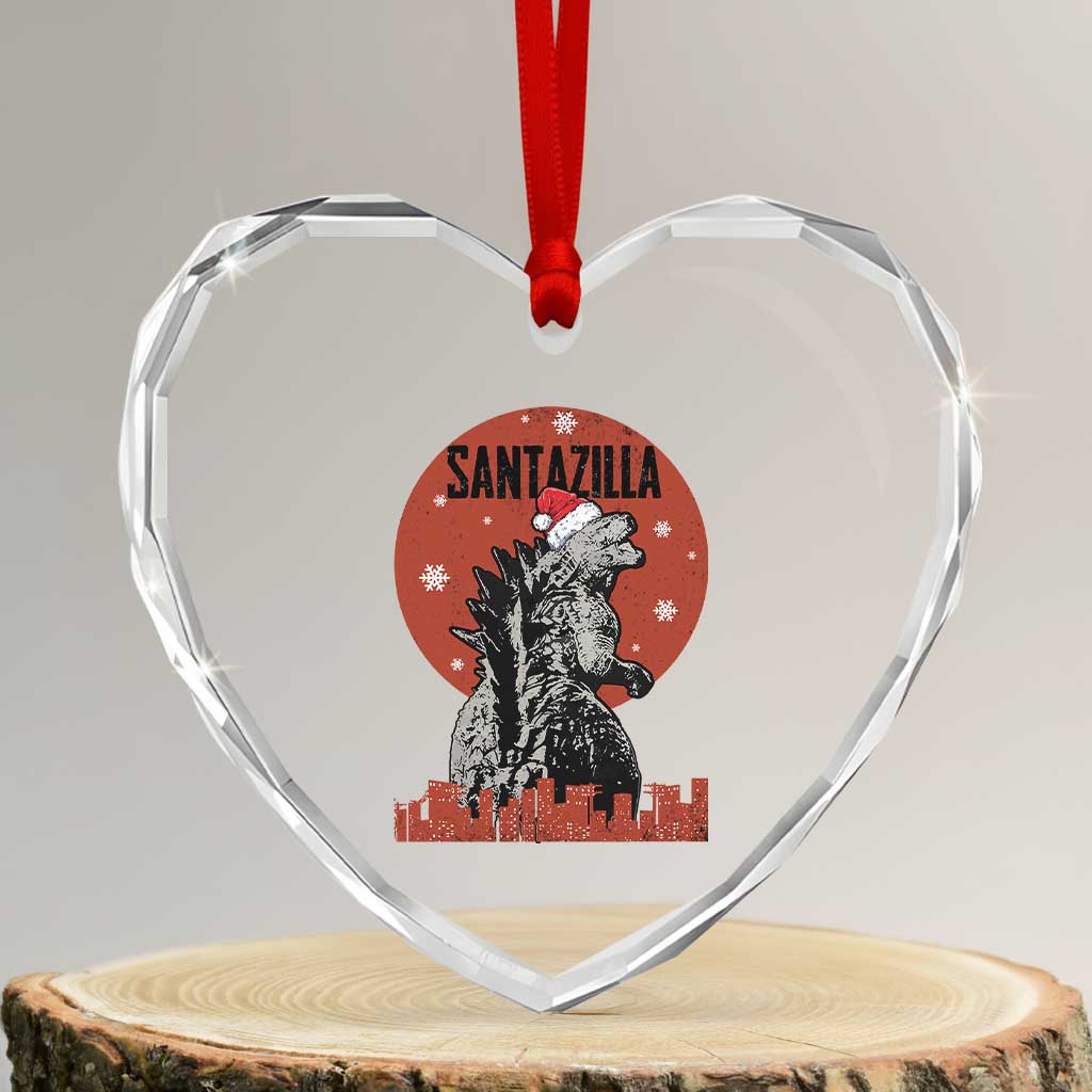 Funny Xmas Santa Godzilla Heart Crystal Glass Ornament Santazilla Japanese Monster - Wonder Print Shop