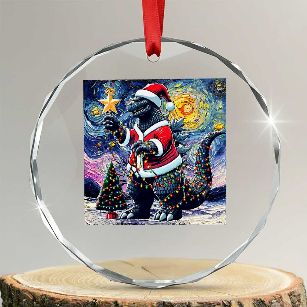 Funny Xmas Santa Godzilla Japanese Monster Starry Night Crystal Glass Ornament TS11