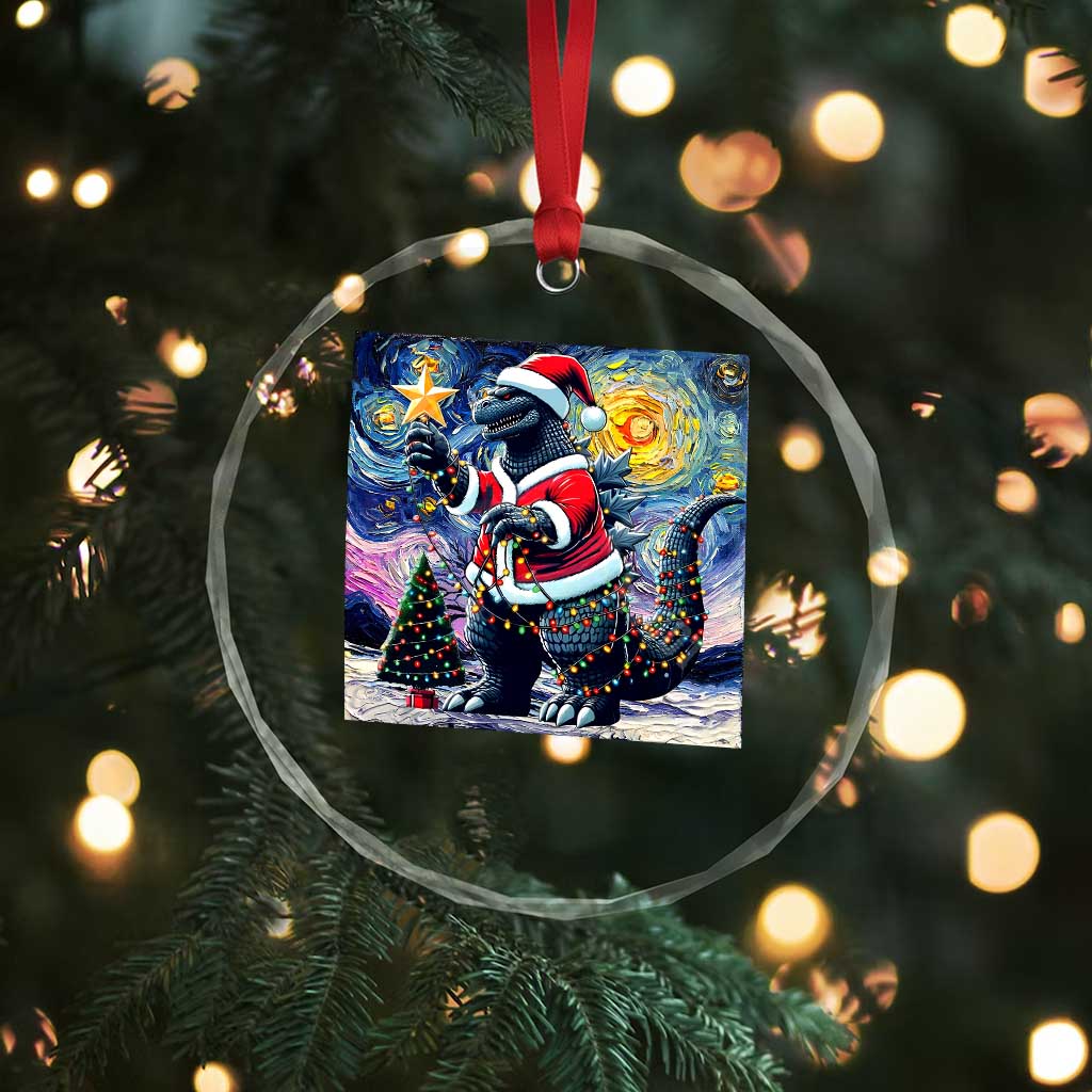 Funny Xmas Santa Godzilla Japanese Monster Starry Night Crystal Glass Ornament TS11