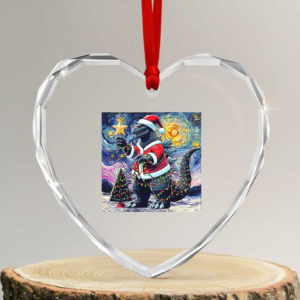 Funny Xmas Santa Godzilla Japanese Monster Starry Night Heart Crystal Glass Ornament - Wonder Print Shop