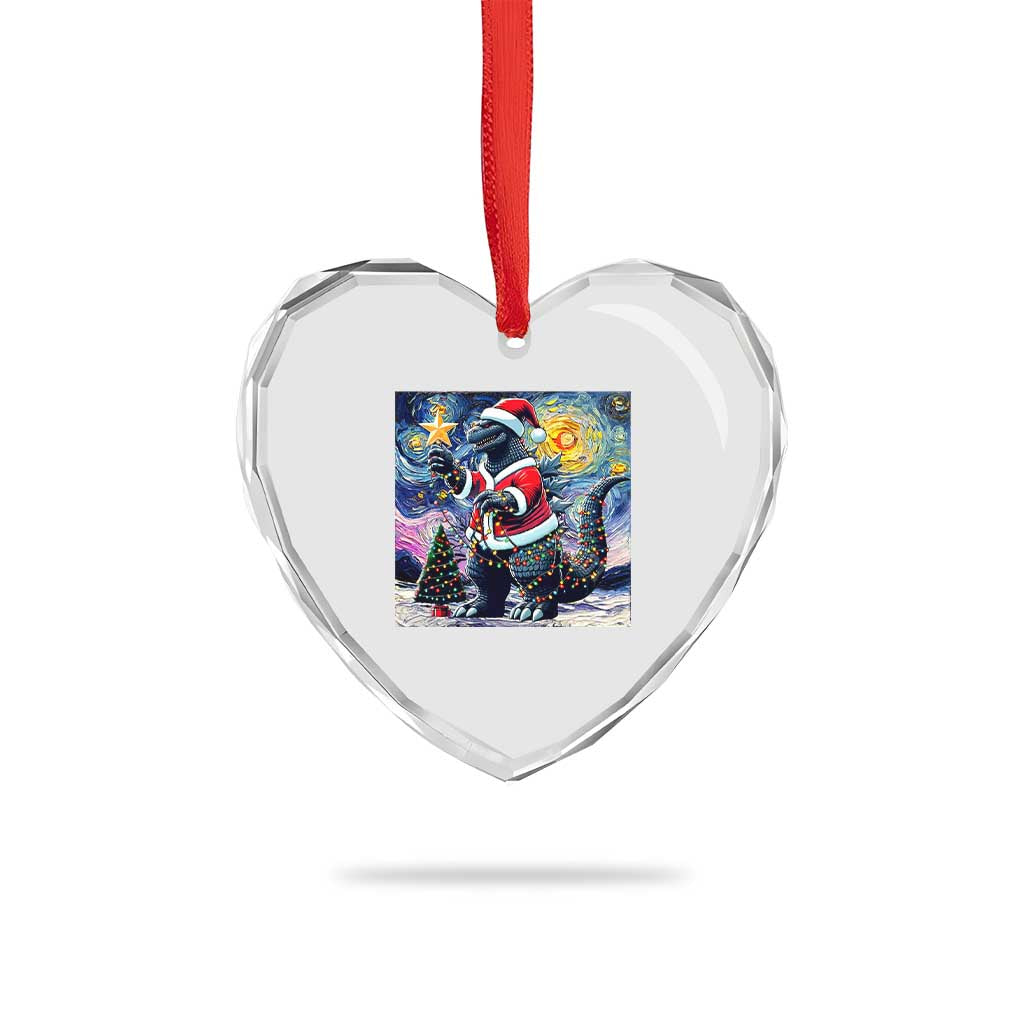 Funny Xmas Santa Godzilla Japanese Monster Starry Night Heart Crystal Glass Ornament - Wonder Print Shop