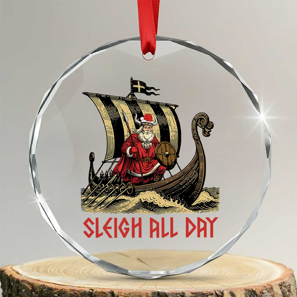 Funny Xmas Santa Viking Crystal Glass Ornament Sleigh All Day Xmas Pagan Norse Longship TS11