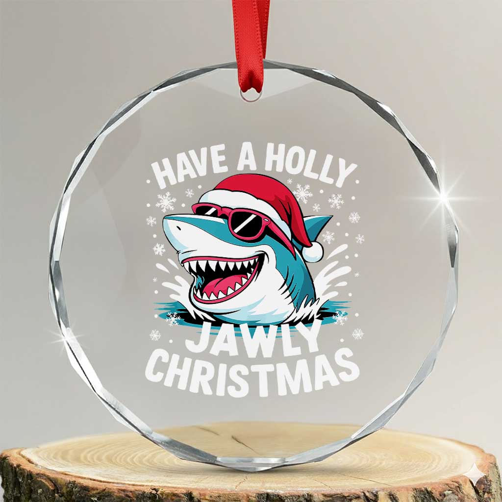 Funny Xmas Shark Crystal Glass Ornament Have A Holly Jawly Christmas Santa Hat - Wonder Print Shop