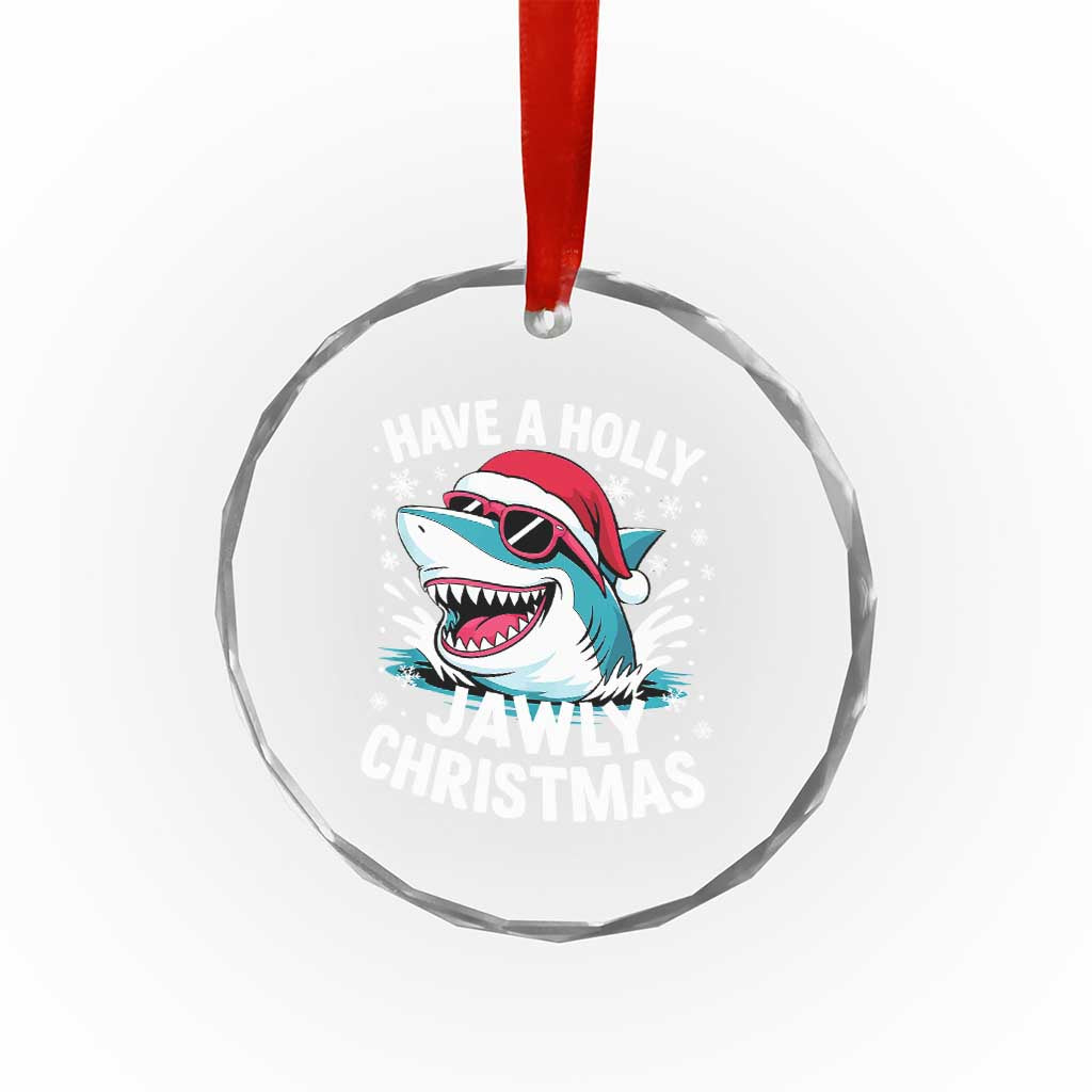 Funny Xmas Shark Crystal Glass Ornament Have A Holly Jawly Christmas Santa Hat - Wonder Print Shop