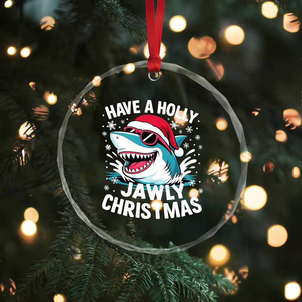 Funny Xmas Shark Crystal Glass Ornament Have A Holly Jawly Christmas Santa Hat - Wonder Print Shop
