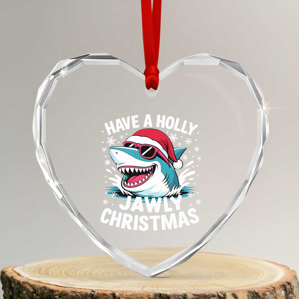 Funny Xmas Shark Heart Crystal Glass Ornament Have A Holly Jawly Christmas Santa Hat - Wonder Print Shop