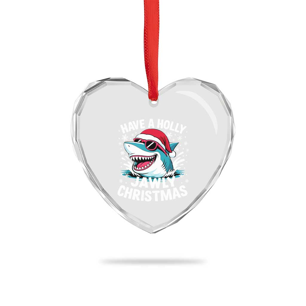 Funny Xmas Shark Heart Crystal Glass Ornament Have A Holly Jawly Christmas Santa Hat - Wonder Print Shop