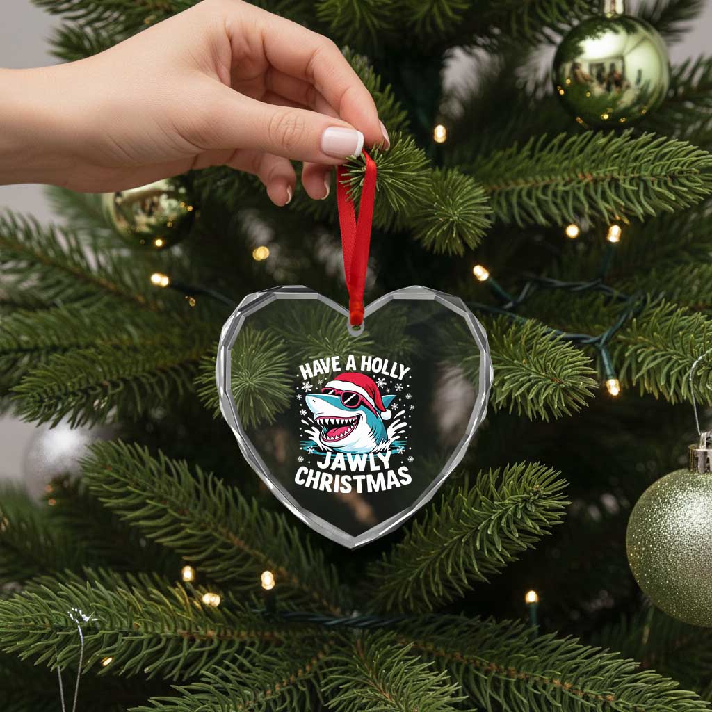 Funny Xmas Shark Heart Crystal Glass Ornament Have A Holly Jawly Christmas Santa Hat - Wonder Print Shop