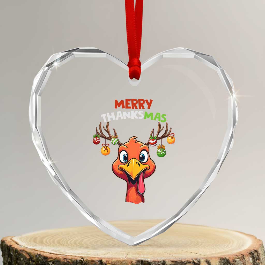 Funny Xmas Thanksgiving Heart Crystal Glass Ornament Merry Thanksmas Turkey Reindeer Antler Baubles - Wonder Print Shop