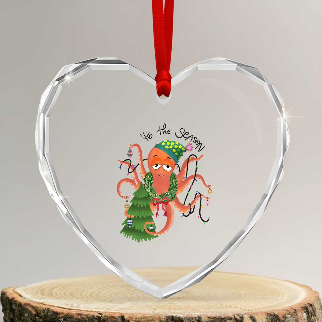 Funny Xmas Tree Octopus Tis The Season Heart Crystal Glass Ornament - Wonder Print Shop