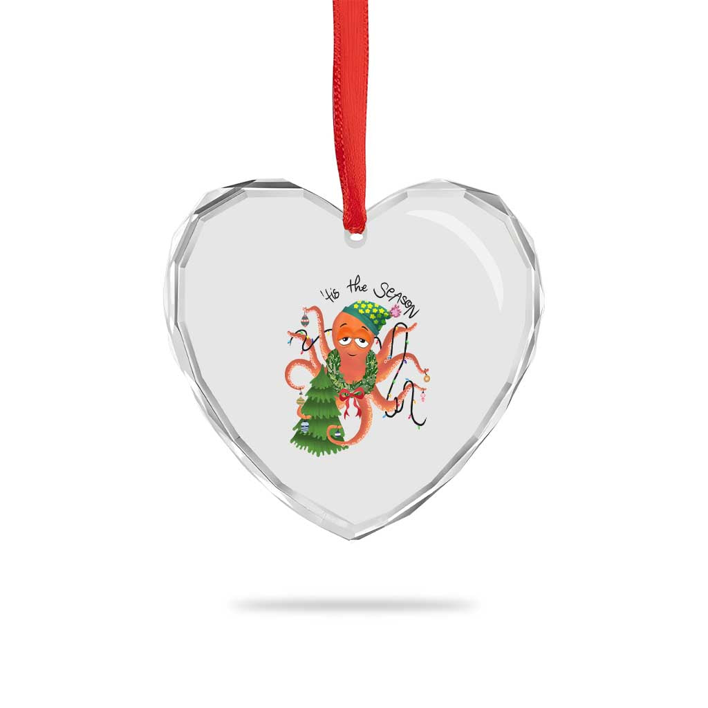 Funny Xmas Tree Octopus Tis The Season Heart Crystal Glass Ornament - Wonder Print Shop