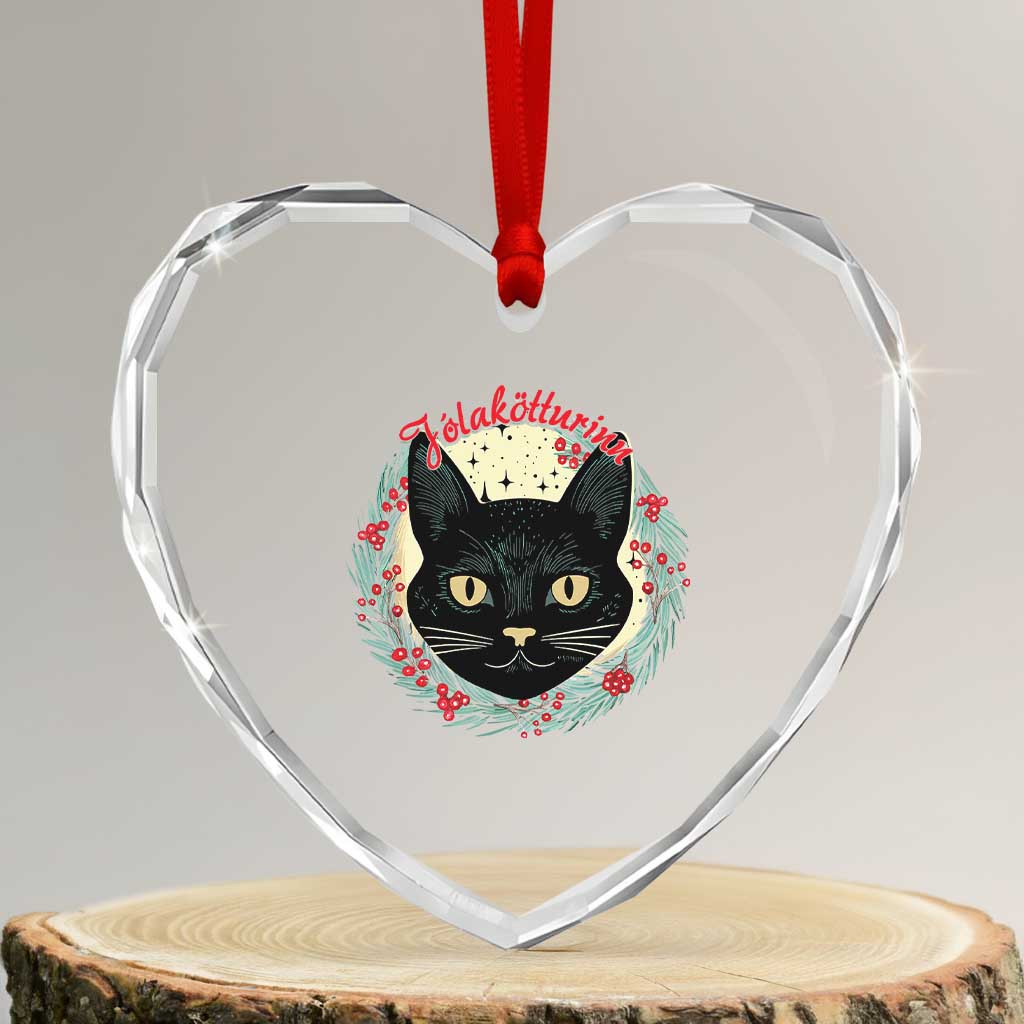 Funny Yule Cat Heart Crystal Glass Ornament Jólakötturinn Yule Xmas Black Cat - Wonder Print Shop