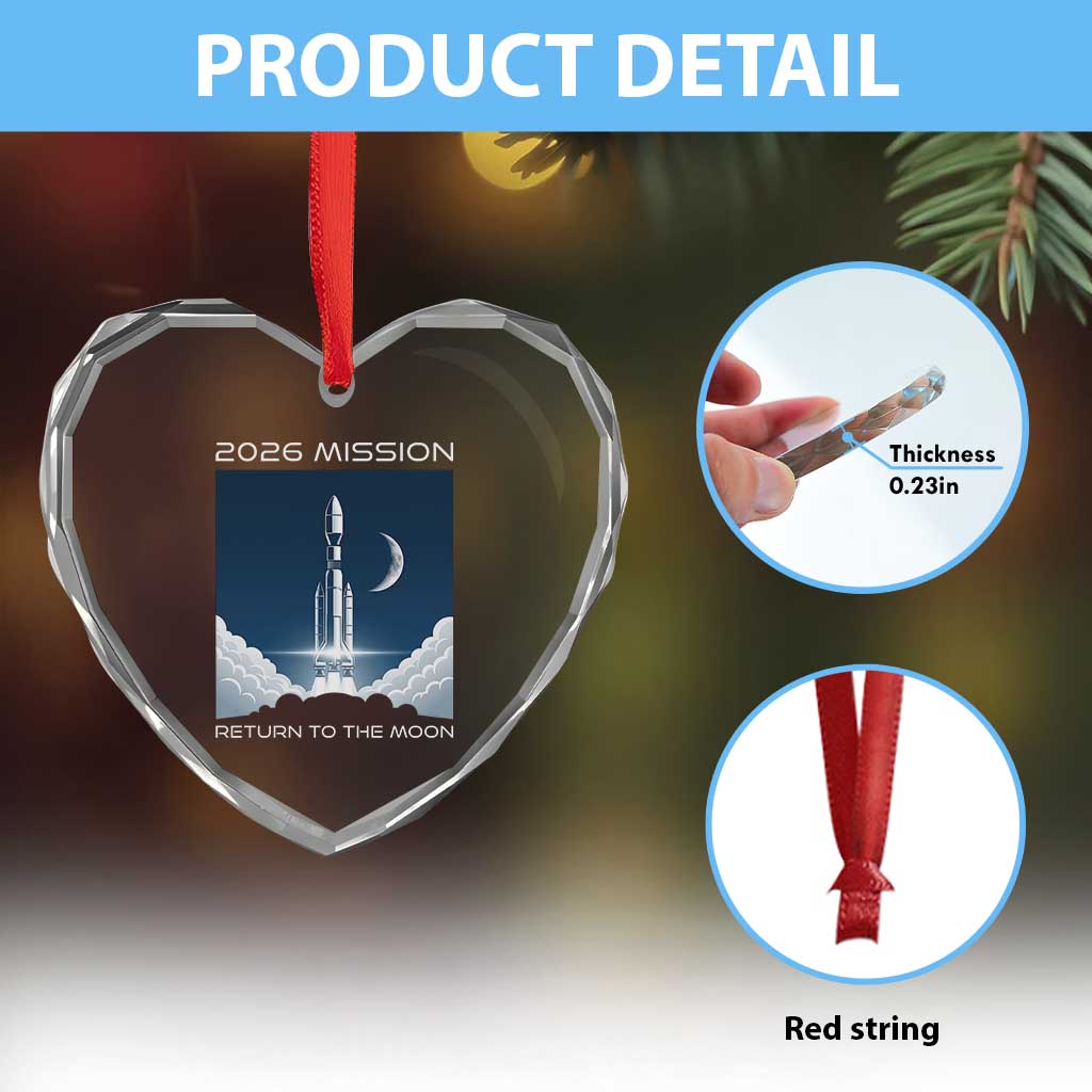 Future Lunar Mission 2026 Heart Crystal Glass Ornament Rocket Launch Lunar Orbit Space Exploration