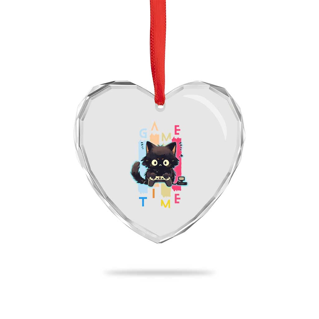 Game Time Heart Crystal Glass Ornament Cute Black Cat Gamer Lover Gift - Wonder Print Shop