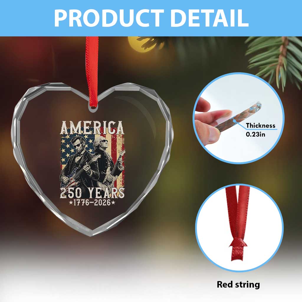 George Washington Abe Lincoln Playing Guitar Heart Crystal Glass Ornament USA 250th Anniversary Guitarist Graphic